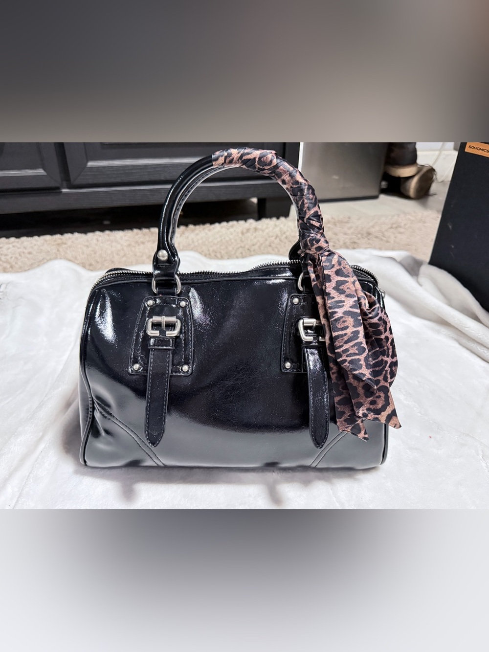 Steve Madden Black Patent Satchel with Leopard Scarf Accent